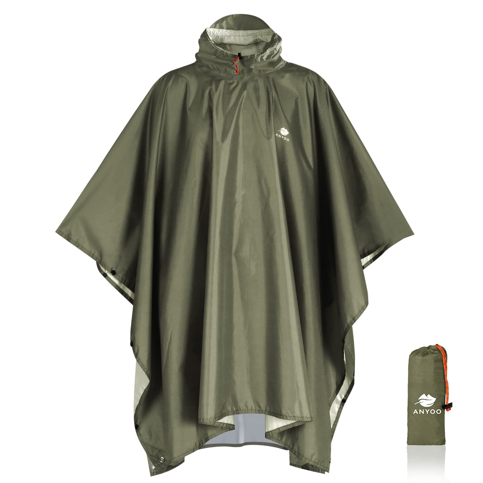 ANYOO Hooded Rain Poncho for Adults Waterproof Lightweight Rain Coats for Men Women Reusable Rain Jacket for Emergency Camping Outdoor Activities(Army Green) One Size