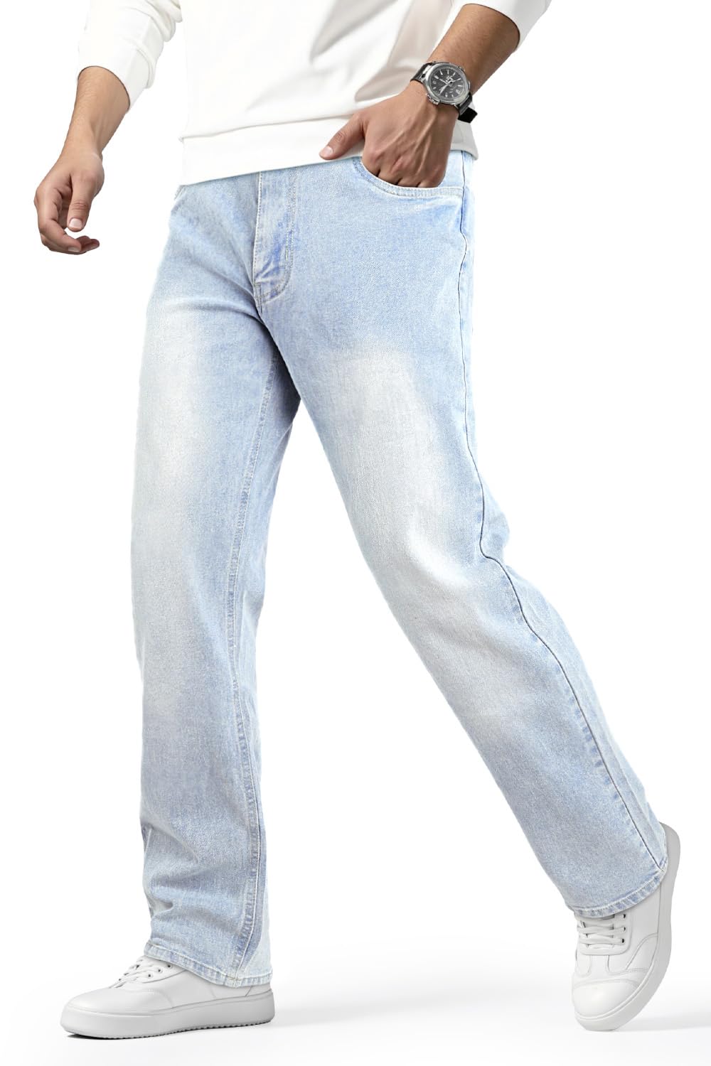 Mens Jeans Relaxed Fit Stretch Denim Jeans Men Slim fit Work Pants Light Blue 30×30
