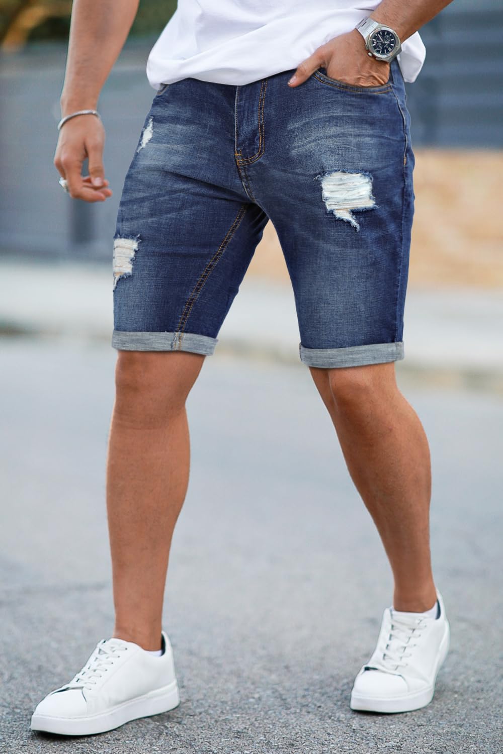 GINGTTO Mens Jean Shorts Ripped Denim Men Skinny Shorts Stretch Jeans Slim Fit Blue 32