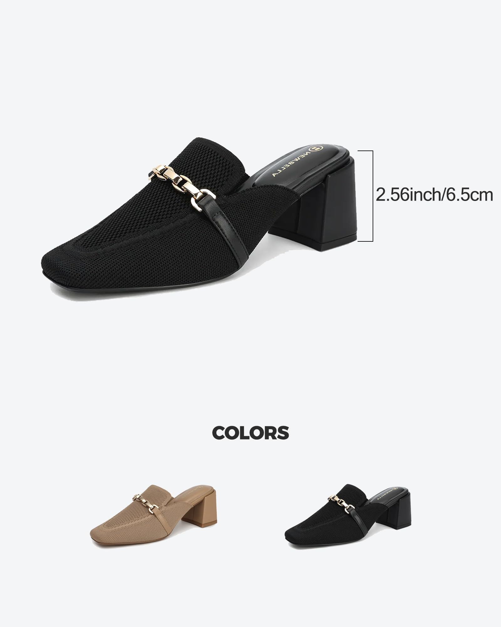NEWBELLA Women's Square Toe Heeled Mules - Block Heel Slip-On Shoes for Commute, Comfortable Work Mule Slippers with Cushioned Insoles, Black 9