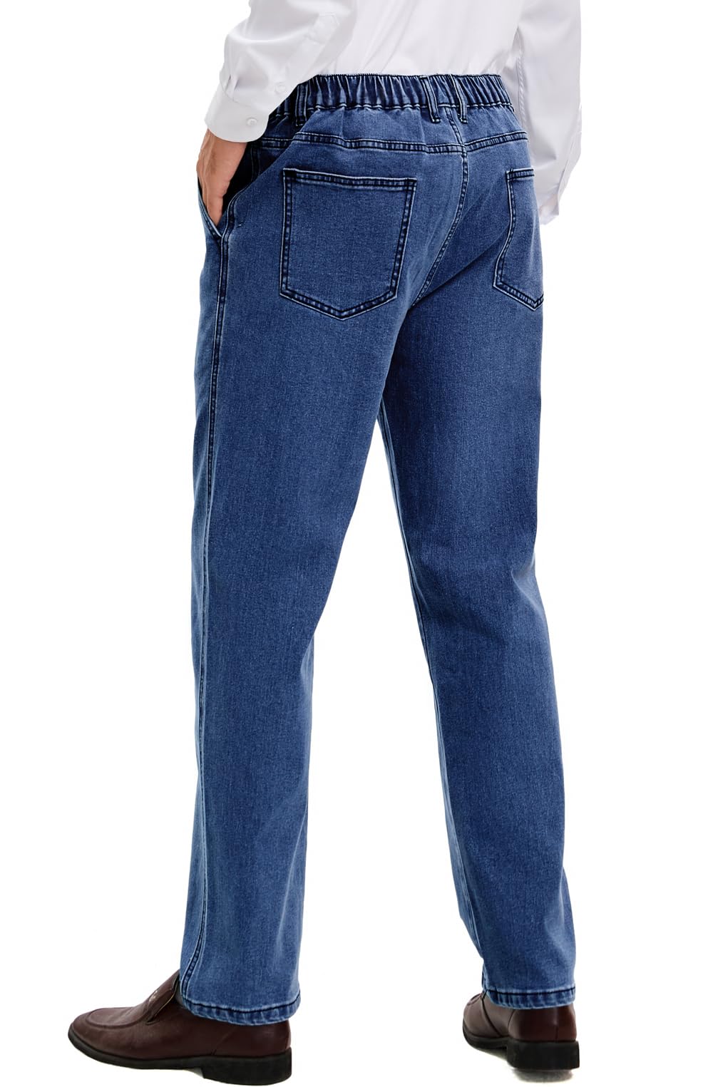 voeeron Mens Elastic Waist Jeans Relaxed Fit Men's Jeans with Elastic Waist with Zipper and Button, Medium Washed, 42W x 28L