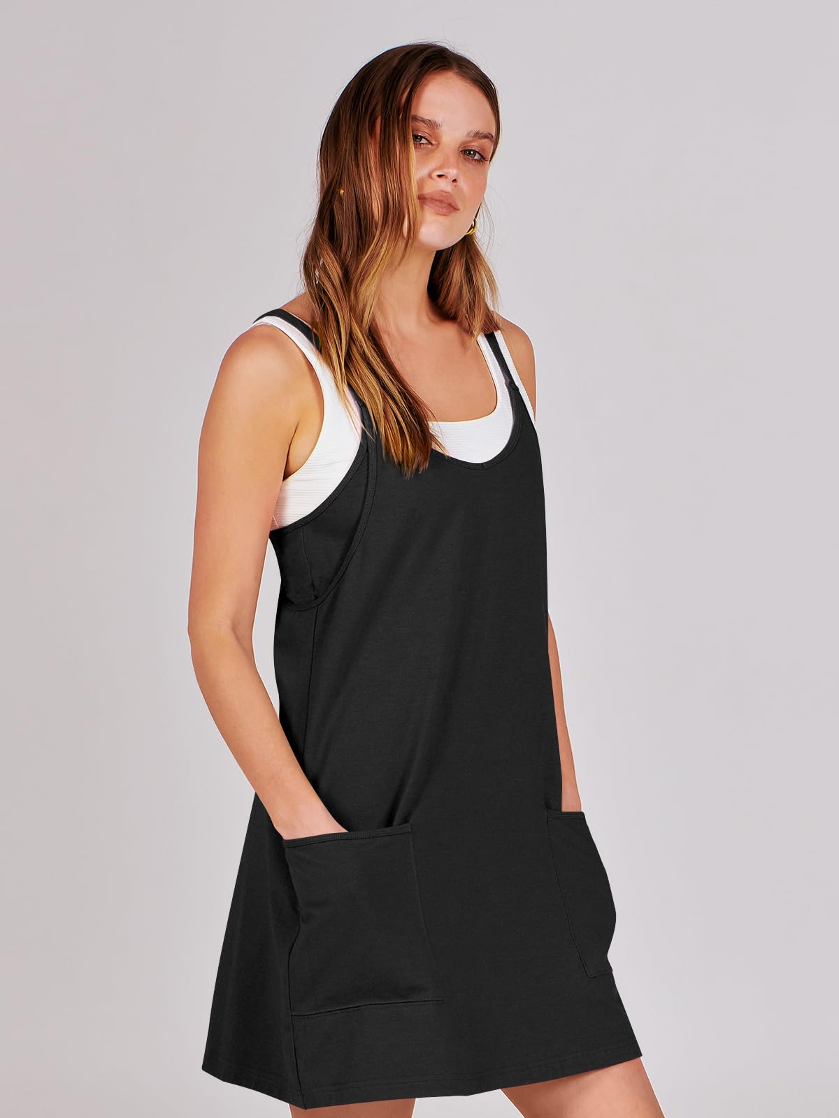 ANRABESS Women Athletic Dress Summer Tennis Workout Active Sports Mini Romper Dress Built in Shorts Travel Vacation Clothes Black Large