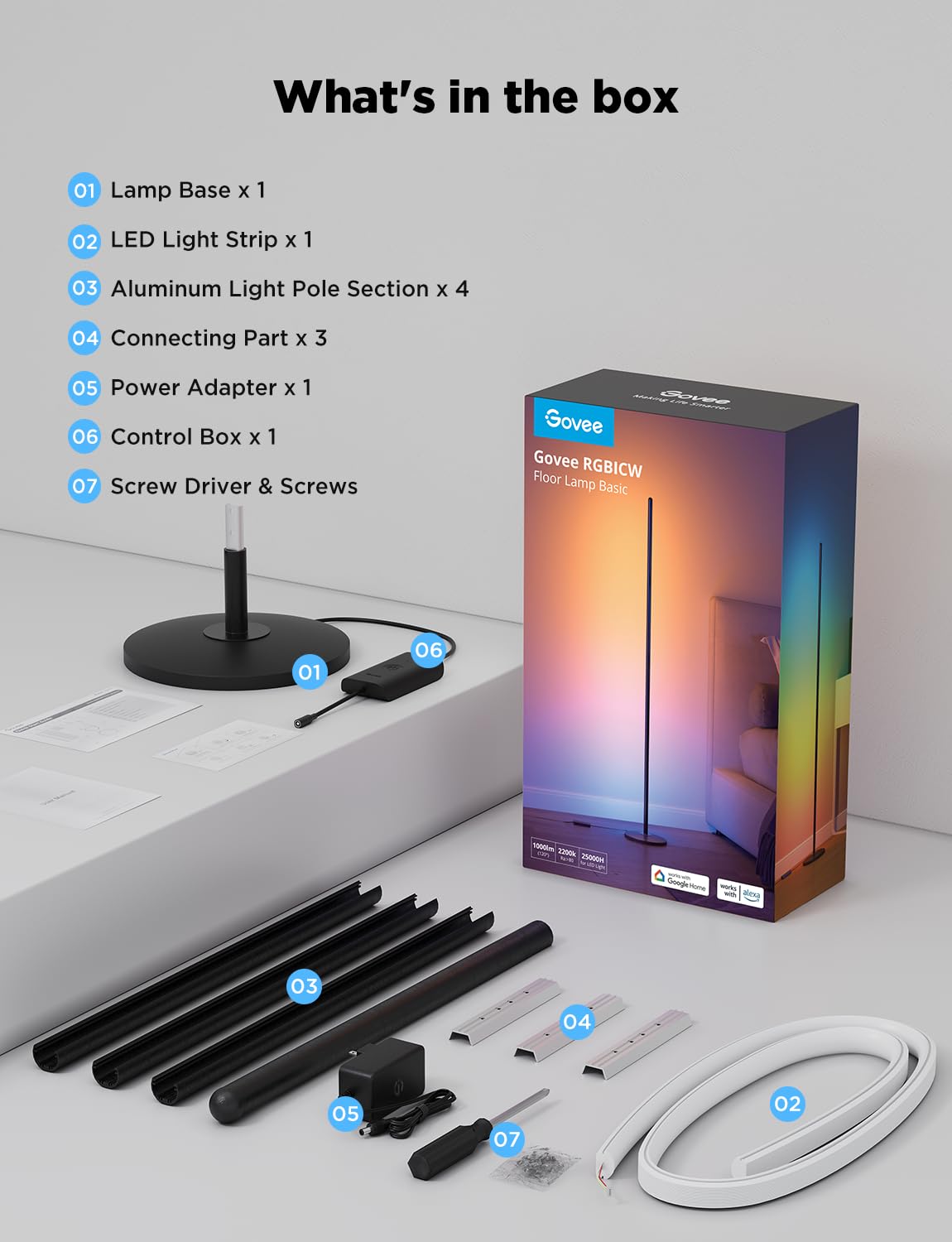 Govee RGBIC Floor Lamp Basic, LED Corner Lamp Works with Alexa, 1000 Lumen Smart Modern Floor Lamp with Music Sync and 16 Million DIY Colors, Color Changing Standing Lamp for Bedroom Living Room Black