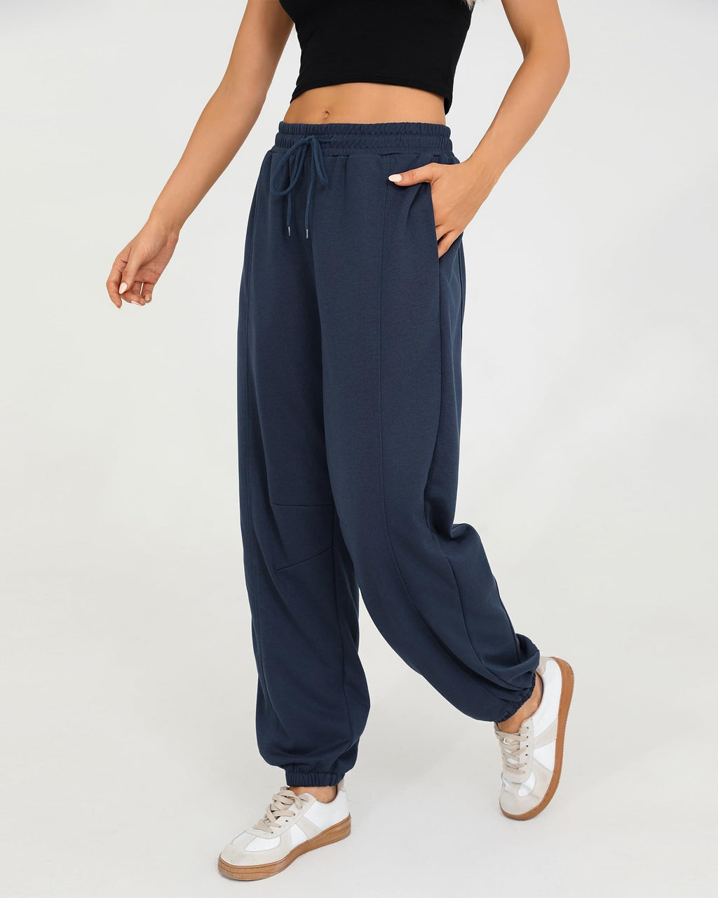 Quenteen Womens Sweatpants Casual High Waist Lightweight Joggers Pants Baggy Lounge Sweat Pants Drawstring Workout Bottoms Navy Blue Small