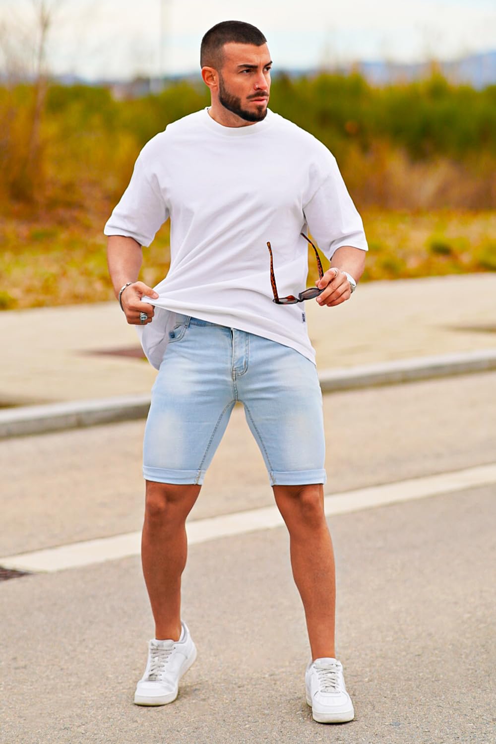 GINGTTO Mens Shorts Casual 7 Inch Inseam Shorts Jeans for Men Slim Fit Summer Light Blue 34