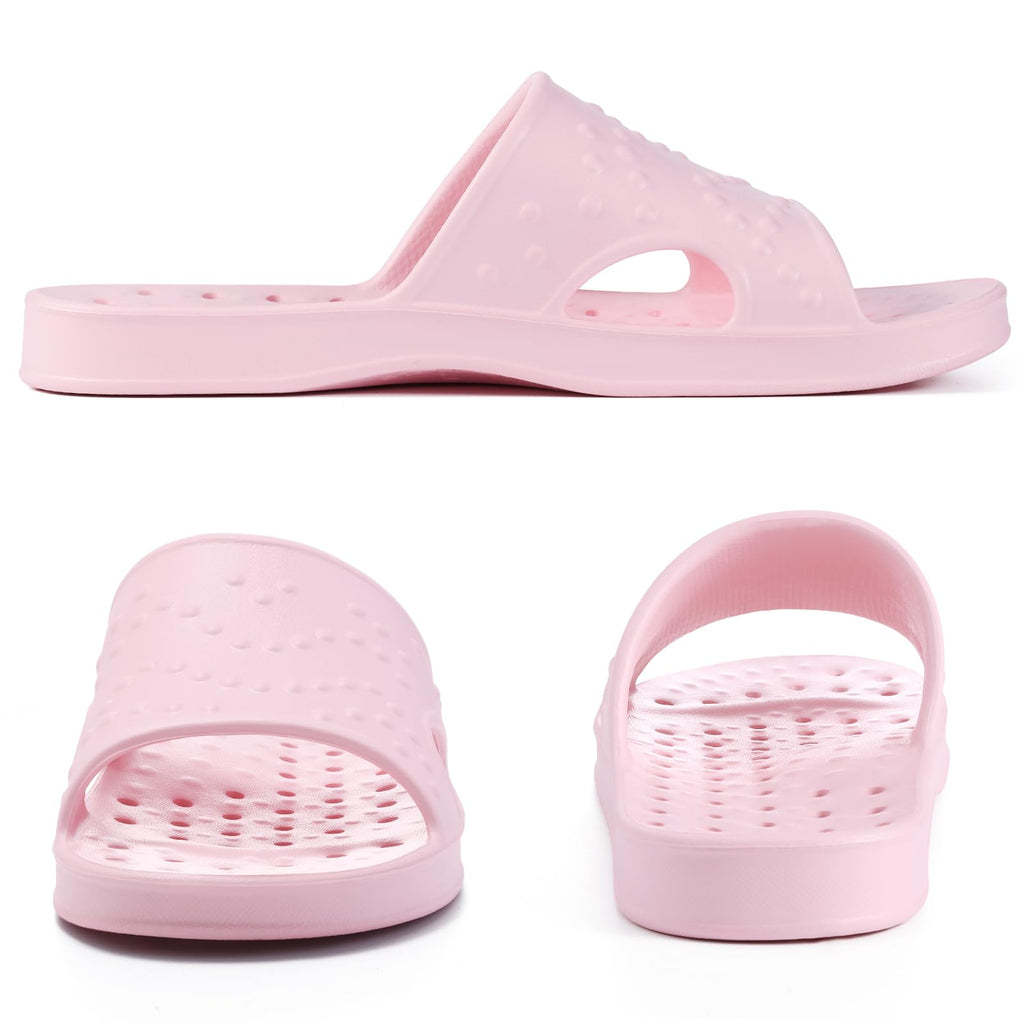 shevalues Shower Shoes for Women Men with Arch Support Quick Drying Pool Slides Lightweight Beach Sandals with Drain Holes, Pink 8-9 Women / 6.5-7.5 Men