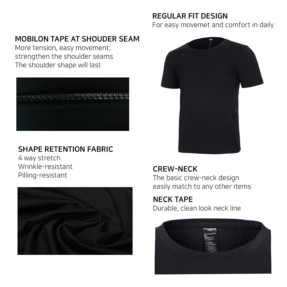 FLEXUGAR Men's Crew Neck Short Sleeve Gym Casual T-Shirt - Soft Cool Moisture Wicking UPF 50+ Sun Protection Performance (Black, XL)