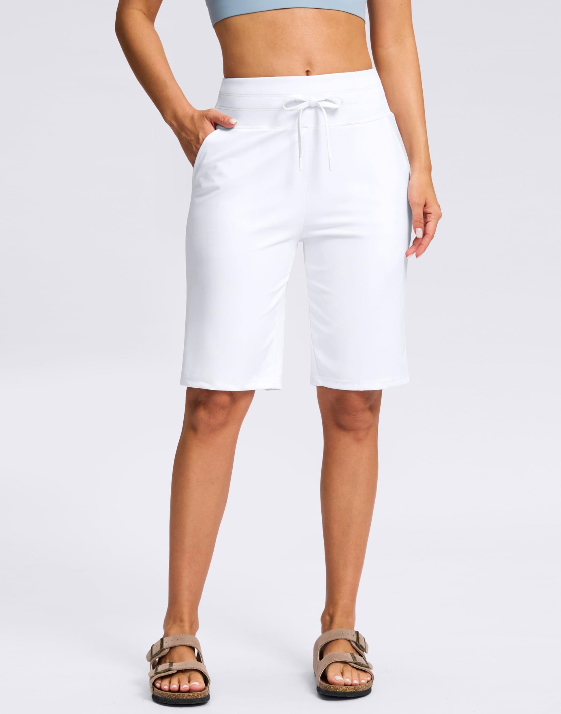 G Gradual Bermuda Shorts for Women with Pockets 10" Knee Length Womens High Waisted Long Shorts for Walking Athletic Workout(White,S)