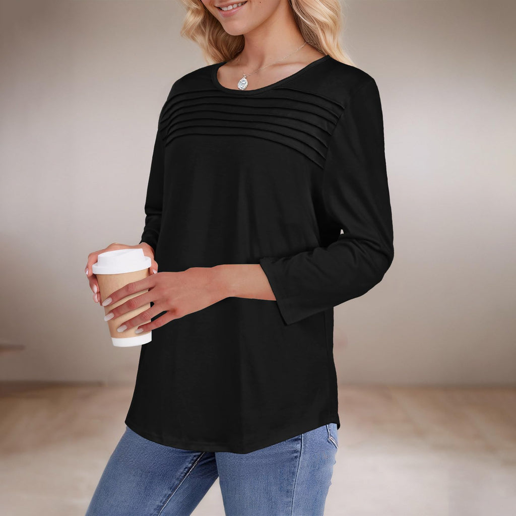 rosemia 3/4 Length Sleeve Womens Tops Crewneck Casual Blouses Dressy Pleated Front Loose Fit T Shirts, Black Color, XL