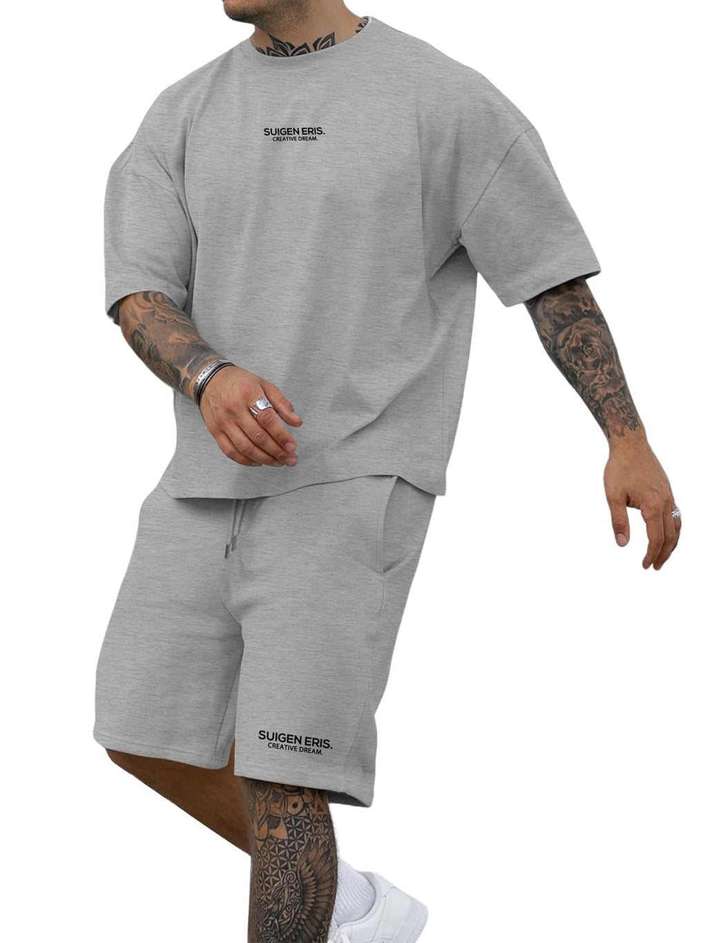 Ryehack Men's T Shirt and Shorts Set 2 Piece Outfits Fashion Summer Tracksuits Casual Letter Embroidery Short Sleeve Crew Neck T Shirt and Drawstring Track Shorts Sportswear Set Grey L