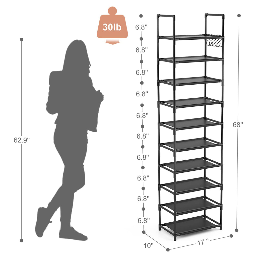 LANTEFUL 10 Tiers Tall Shoe Rack 20-25 Pairs Boots Organizer Storage Sturdy Narrow Shoe Shelf for Entryway, Closets with Hooks, Black