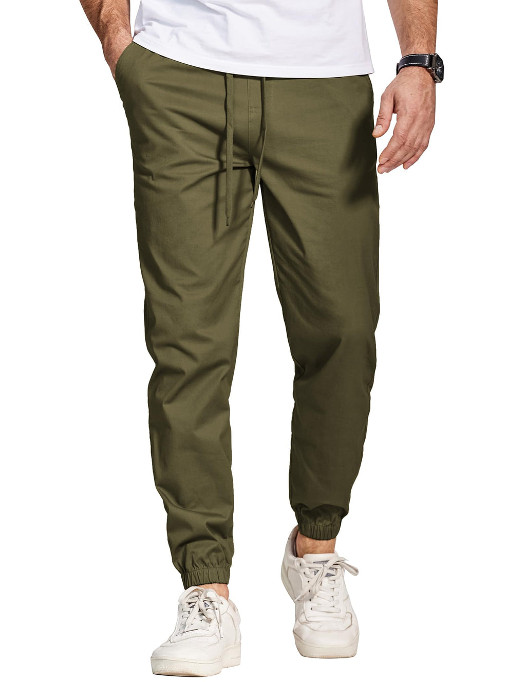 COOFANDY Mens Cotton Casual Pants Stretch Twill Jogger Pants Chino Cargo Hiking Drawstring Sweatpants with Pockets Army Green