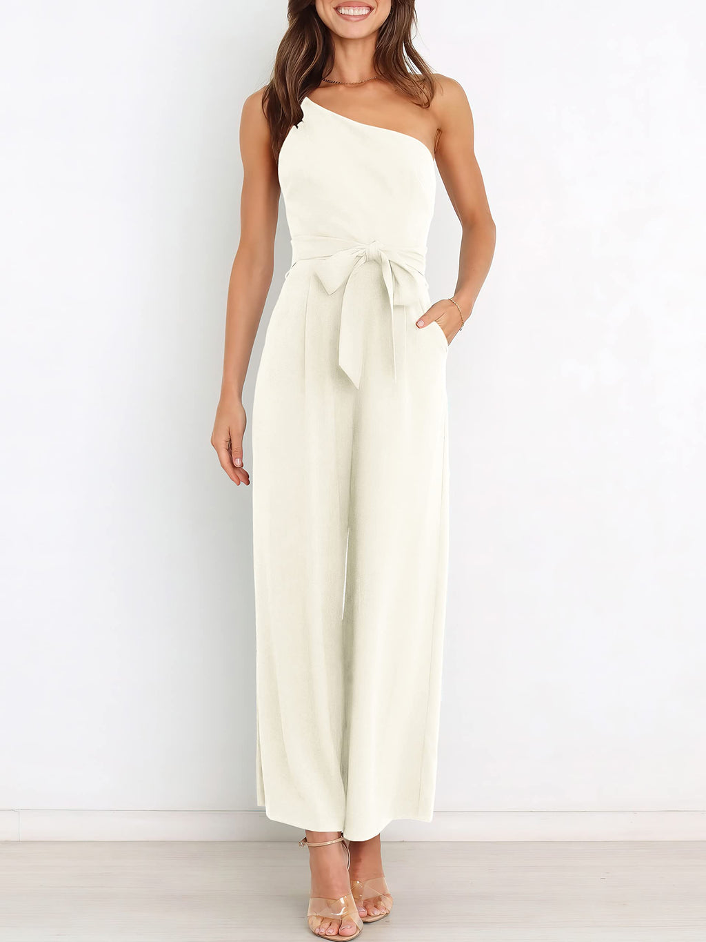 ANRABESS Women Summer Dressy Jumpsuits One Shoulder Sleeveless Casual Wide Leg Pants Romper Jumper 2025 Trendy Fall Outfits White Small