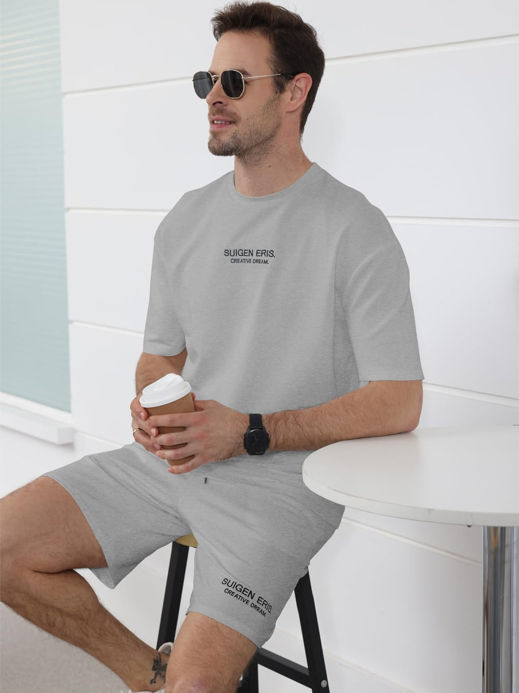 Ryehack Men's T Shirt and Shorts Set 2 Piece Outfits Fashion Summer Tracksuits Casual Letter Embroidery Short Sleeve Crew Neck T Shirt and Drawstring Track Shorts Sportswear Set Grey L