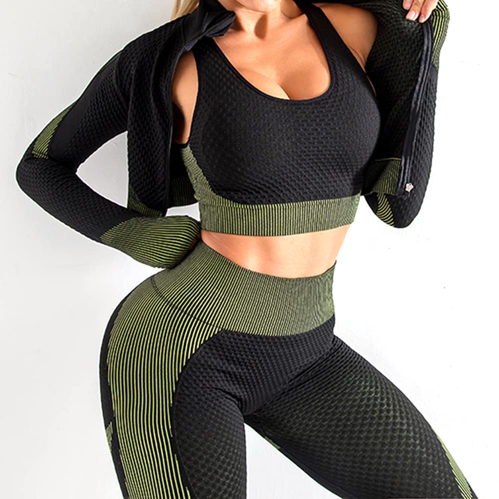 SINBRLAI Women's 3pcs Seamless Workout Outfits Sets, Yoga Sportswear Tracksuit Leggings and Stretch Sports Bra Fitness