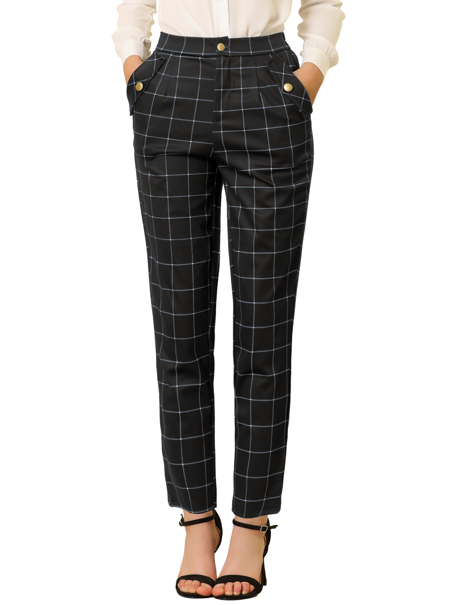 Allegra K Women's Vintage Tartan Plaid Pants Elastic Waist Straight Long Trousers Small Black
