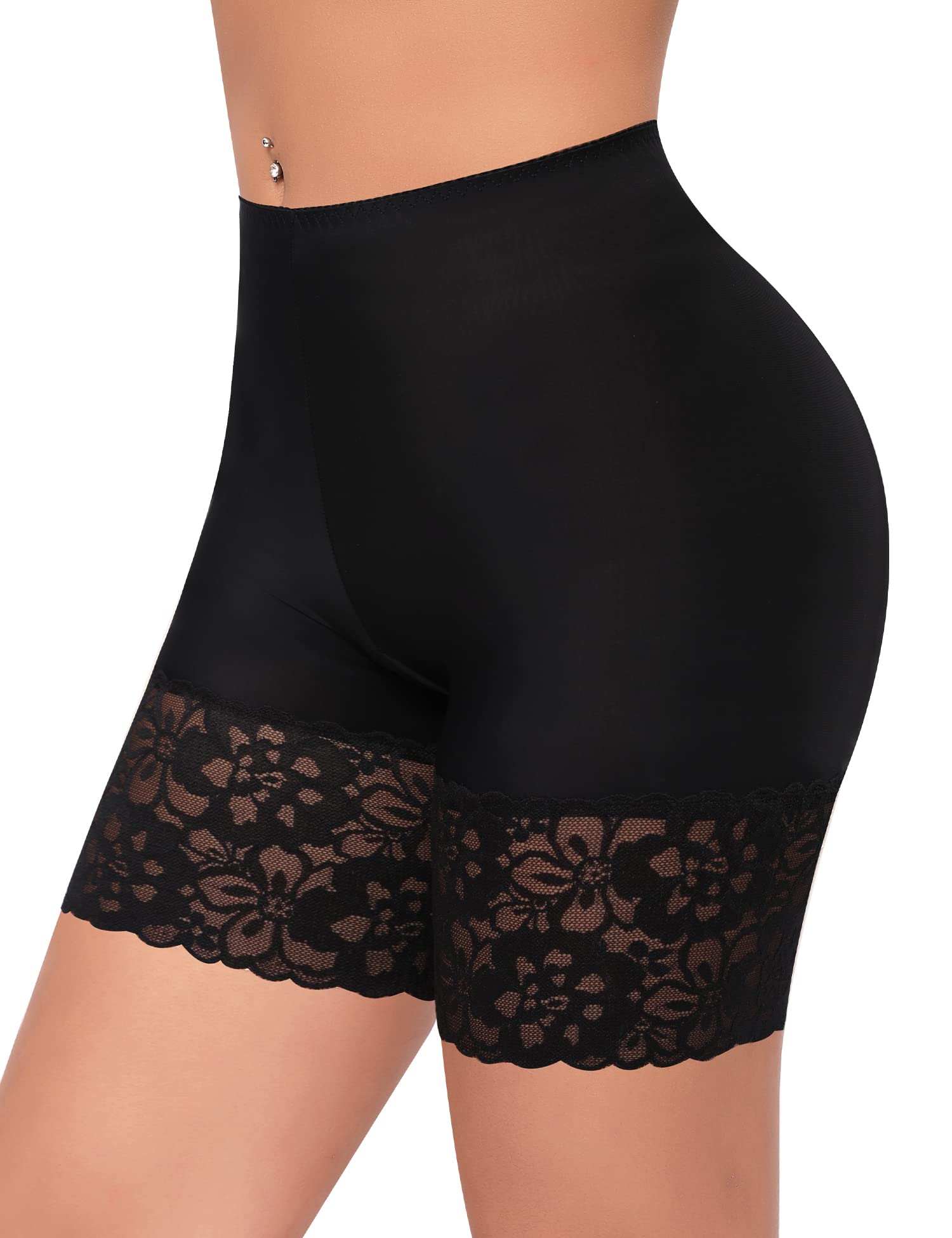 Slip Shorts for Under Dresses Women Anti Chafing Underwear Seamless Boyshorts Panties Lace Under Shorts (#1 Black,Medium)