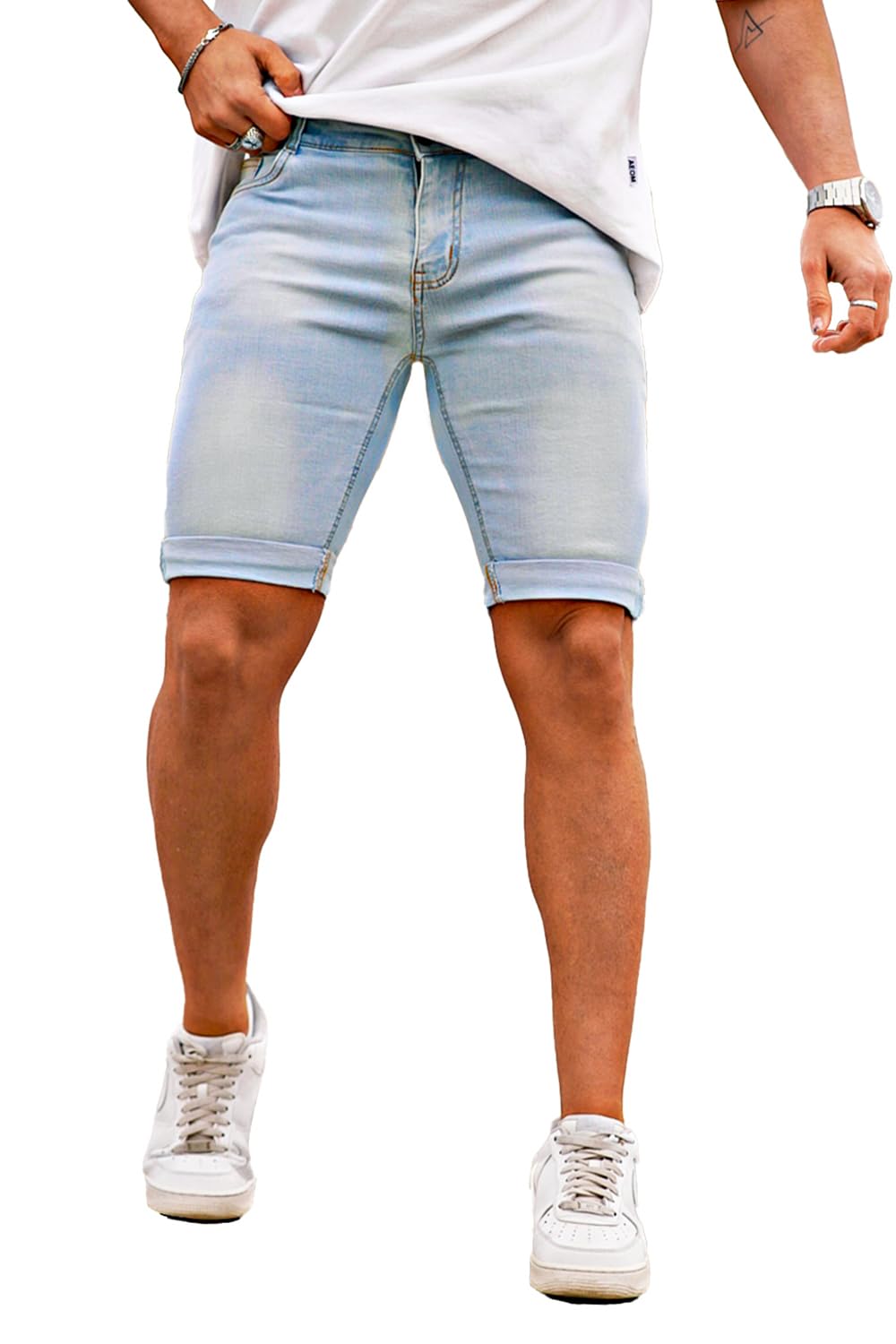 GINGTTO Mens Shorts Casual 7 Inch Inseam Shorts Jeans for Men Slim Fit Summer Light Blue 34