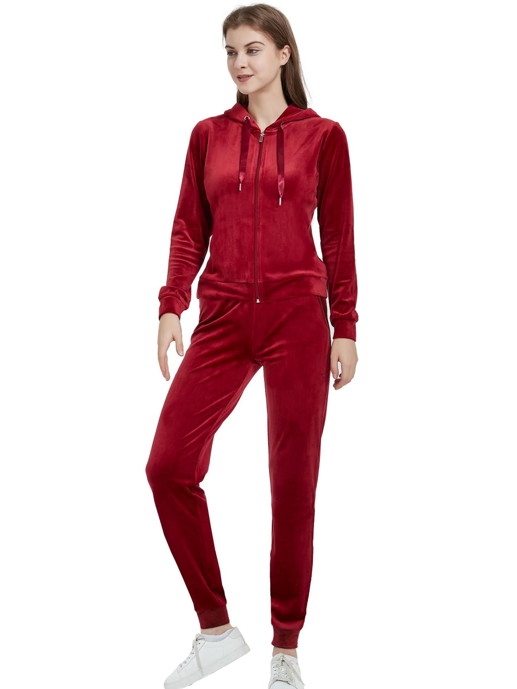 Woolicity Women's Sweatsuits Set 2 Piece Velour Full Zip Hoodie Tracksuits Sportswear with Pocket Red Wine M