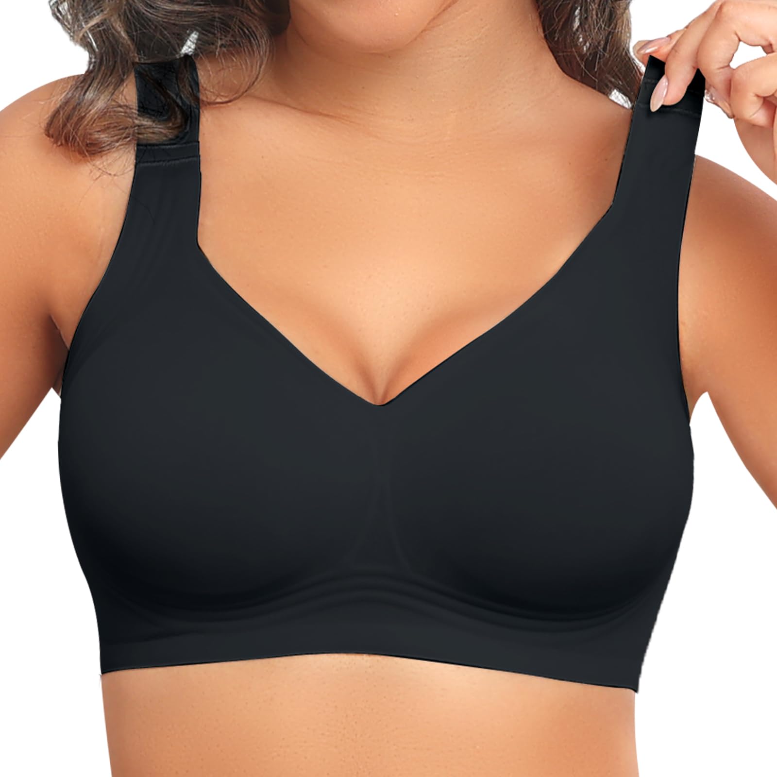 PoseFree Bras for Women No Underwire Full Coverage No Underwire Supportive Seamless Cotton Bralette Plus Size Bras (Black,2XL)