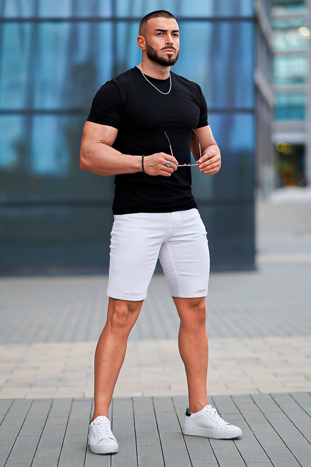 GINGTTO Mens Jean Shorts White Skinny Stretch Denim Shorts for Men Ripped 34