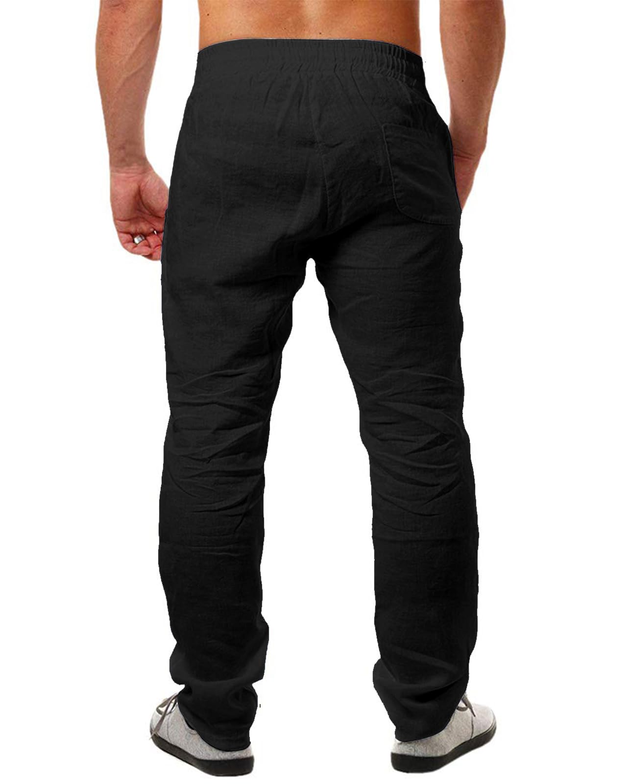 Men's Linen Pants Summer Yoga Beach Baggy Trousers Loose Fit Straight-Legs Elastic Drawstring Waist Casual Pants Black