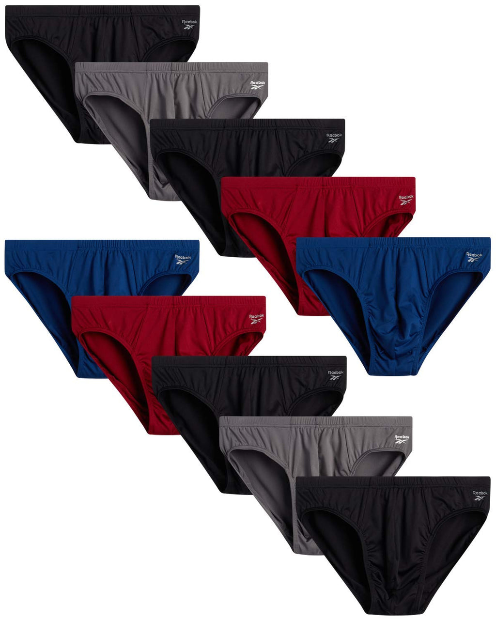Reebok Men's Underwear - 10 Pack Ultra Soft Stretch Performance Low Rise Mens Briefs - Quick Dry Mens Underwear Briefs (S-XL), Size Large, Black/Red/Charcoal/Navy
