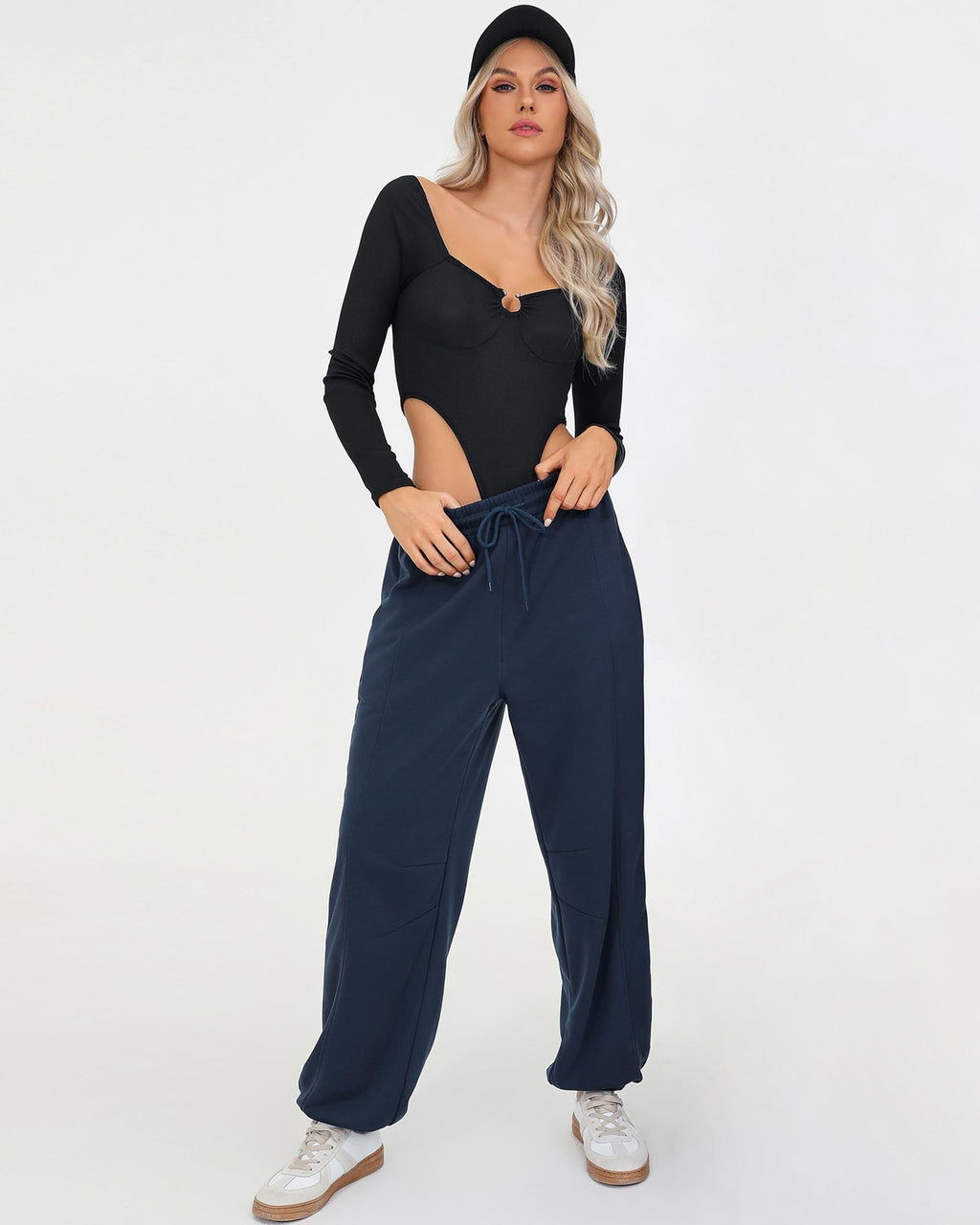 Quenteen Womens Sweatpants Casual High Waist Lightweight Joggers Pants Baggy Lounge Sweat Pants Drawstring Workout Bottoms Navy Blue Small