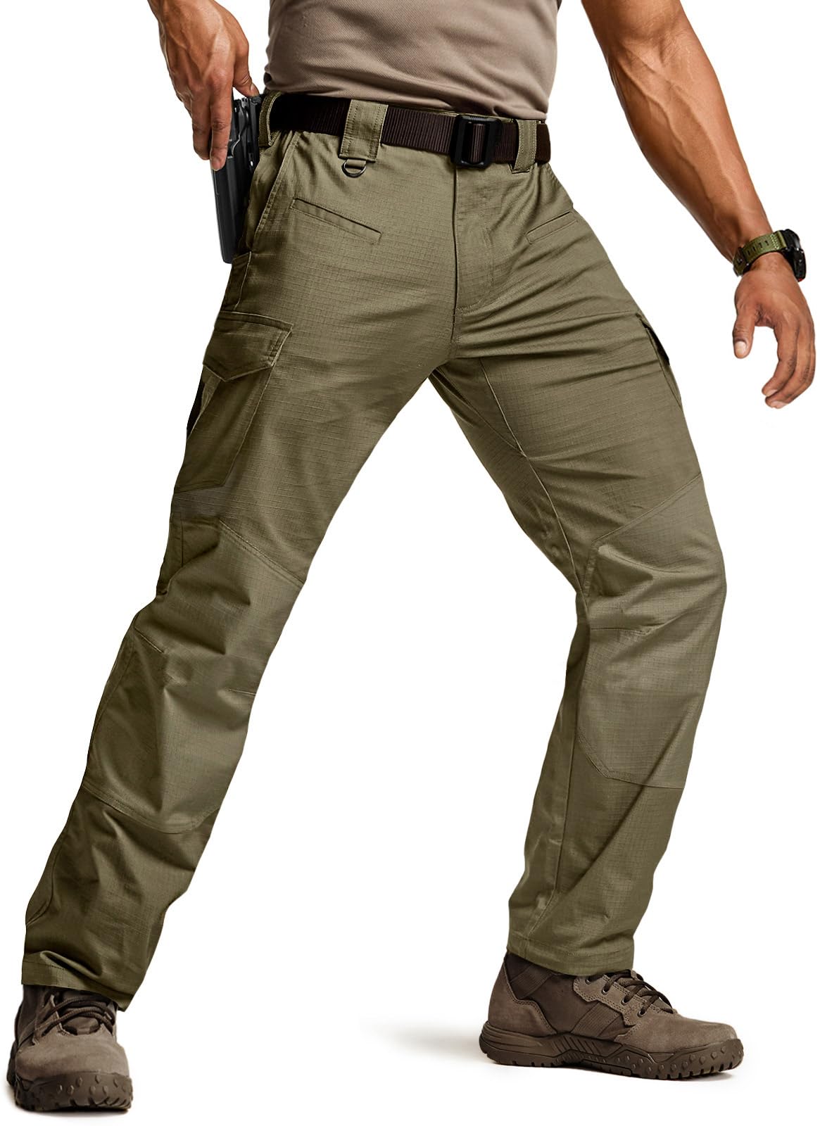 CQR Men's Flex Ripstop Tactical Pants, Water Resistant Stretch Cargo Pants, Lightweight EDC Hiking Work Pants, Marauder Soil Green, 34W x 32L