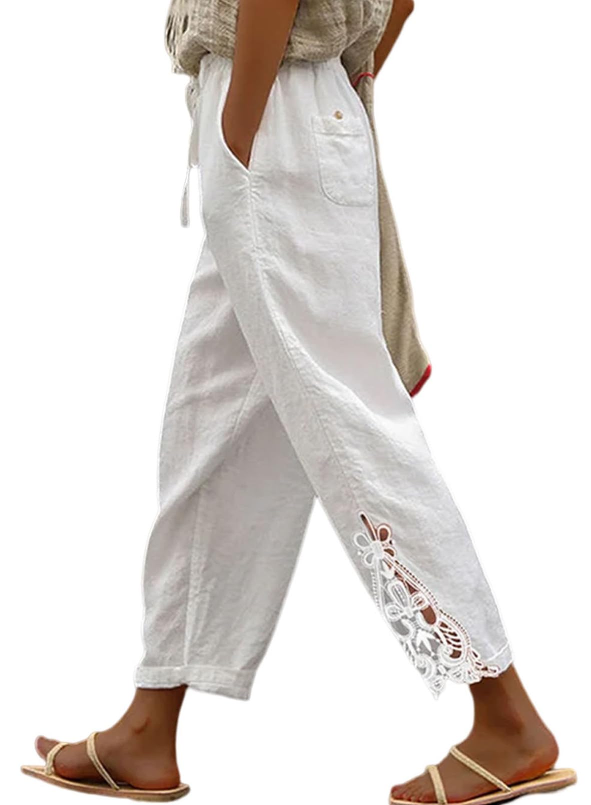 Acelitt Women Casual Linen Pants Lightweight Drawstring Elastic Waist Fall Fashion 2025 Beach Capri Pants Trousers White Large