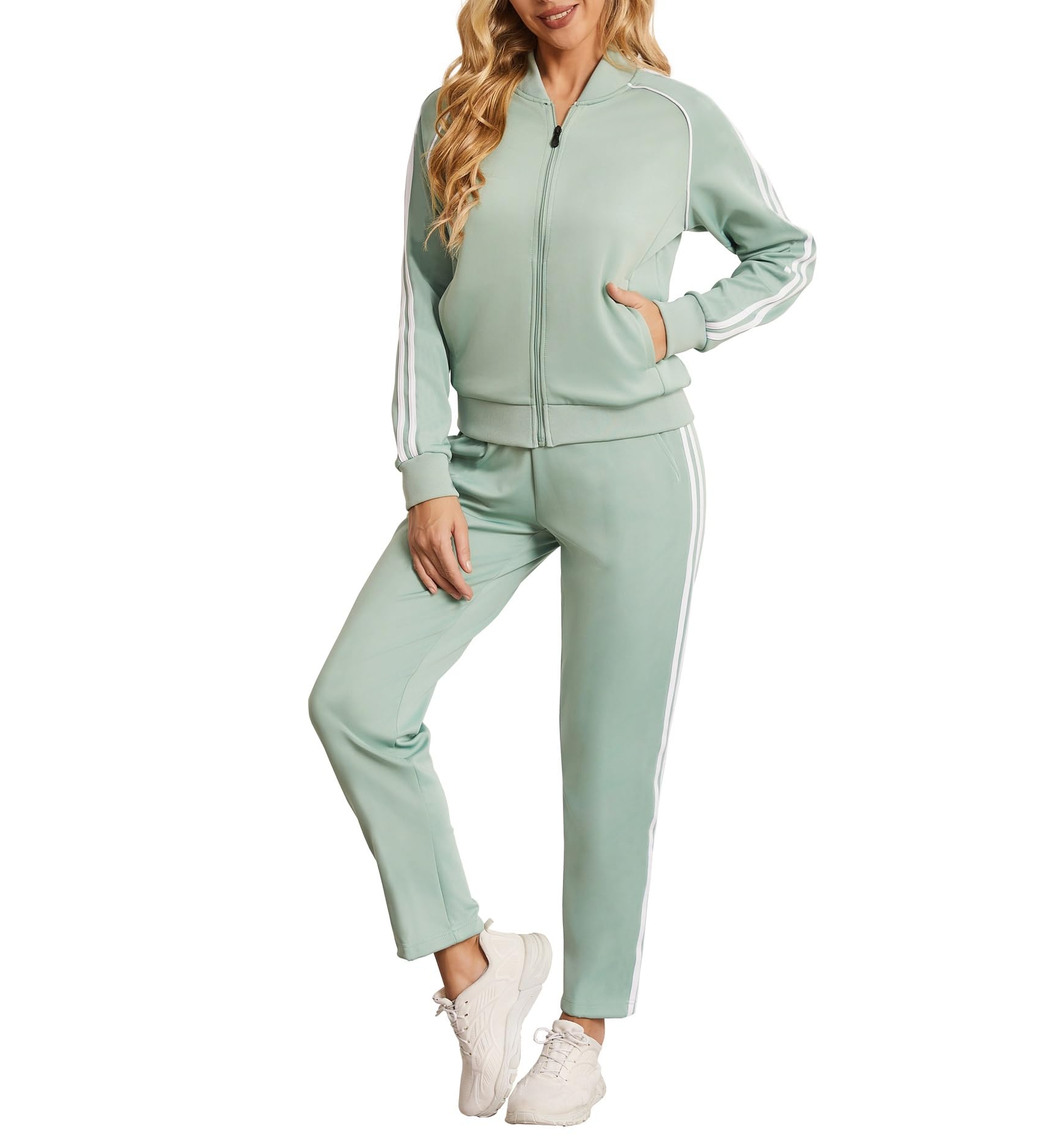 Women's Tracksuit 2 Piece Outfits Zip Striped Sportswear Long Sleeve Jogger Suits for Women with Pockets JW7011-L