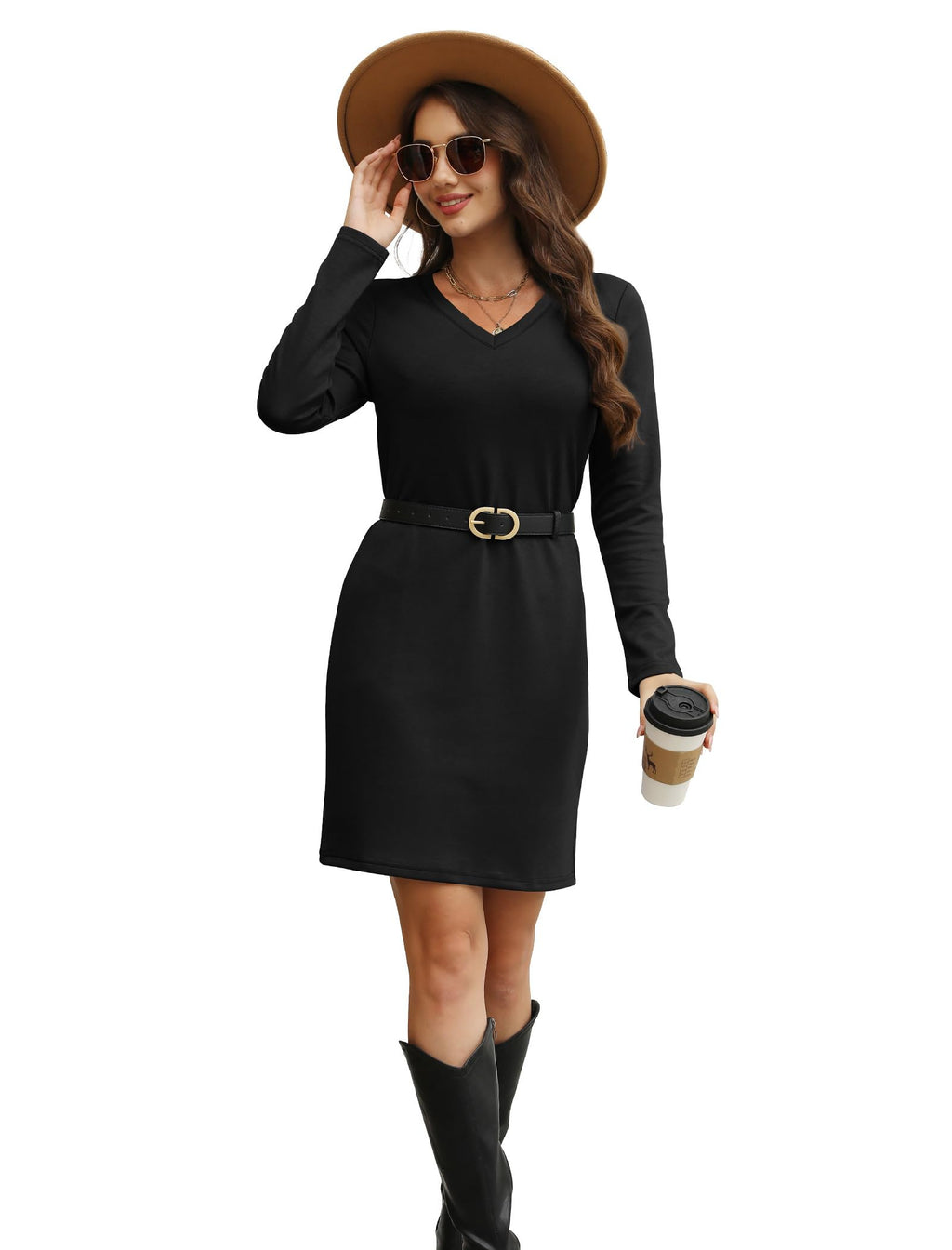 SAMPEEL Dresses for Women 2025 Casual Long Sleeve Dress Italian Black Dresses Trendy Wedding Guest Business Casual Outfits Winter Clothing Fashion Travel Airport Outfits 2025 S