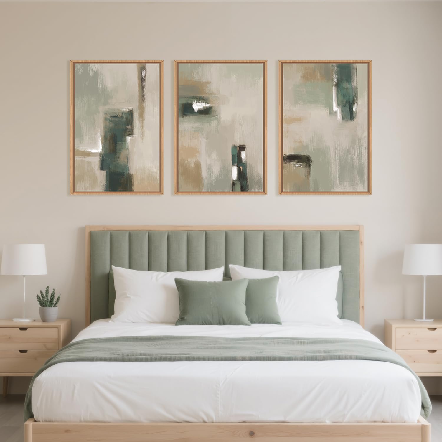 BICERE Large Abstract Green Brown Framed Canvas Wall Art,Modern Brush Stoke Wall Decor,Neutral Beige Grey Wall Painting,Rustic Minimalist Artwork for Living Room,Bedroom,Dining Room,Office -16"x24"x3