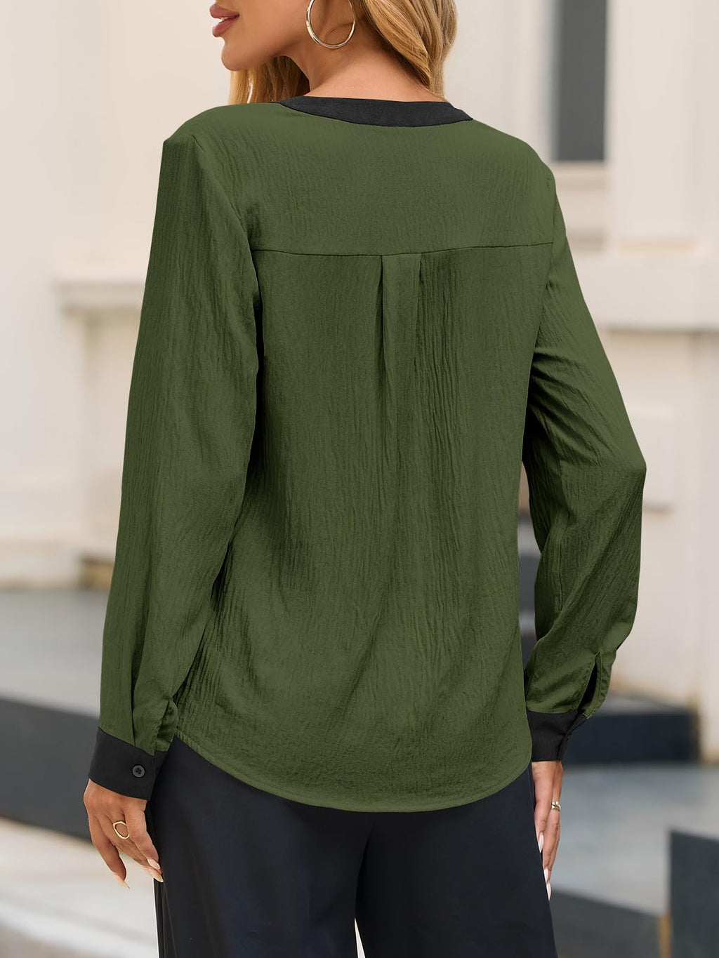 Tankaneo Womens Business Casual Tops 2025 V Neck Blouses Long Sleeve Fall Loose Work Shirts Army Green