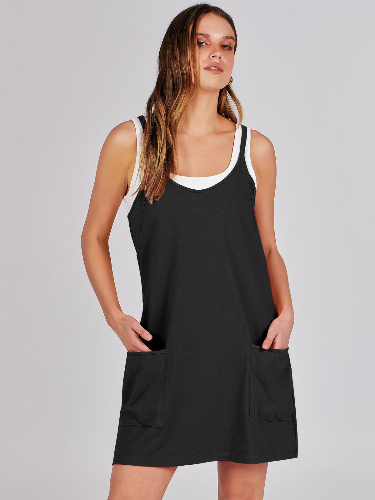 ANRABESS Women Athletic Dress Summer Tennis Workout Active Sports Mini Romper Dress Built in Shorts Travel Vacation Clothes Black Large