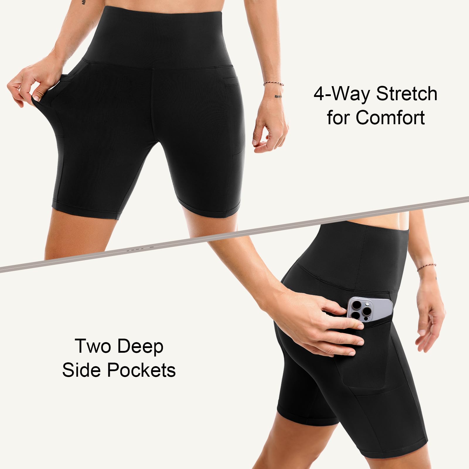 Leafigure 2 Pack Womens Biker Shorts with Pockets, High Waisted Tummy Control Yoga Shorts for Women Running Gym and Workout Black S-M