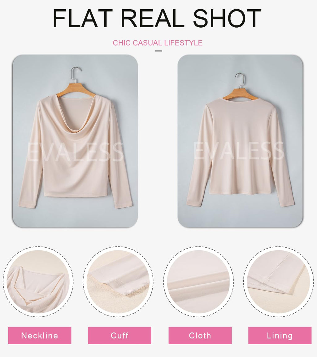 EVALESS Womens Spring Shirts 2025 Cowl Neck Business Casual Outfits for Women Stretchy Formal Office Teacher Outfits Solid Beige Draped Top Clothes Dressy Casual Satin Tee Shirt for Women, Medium