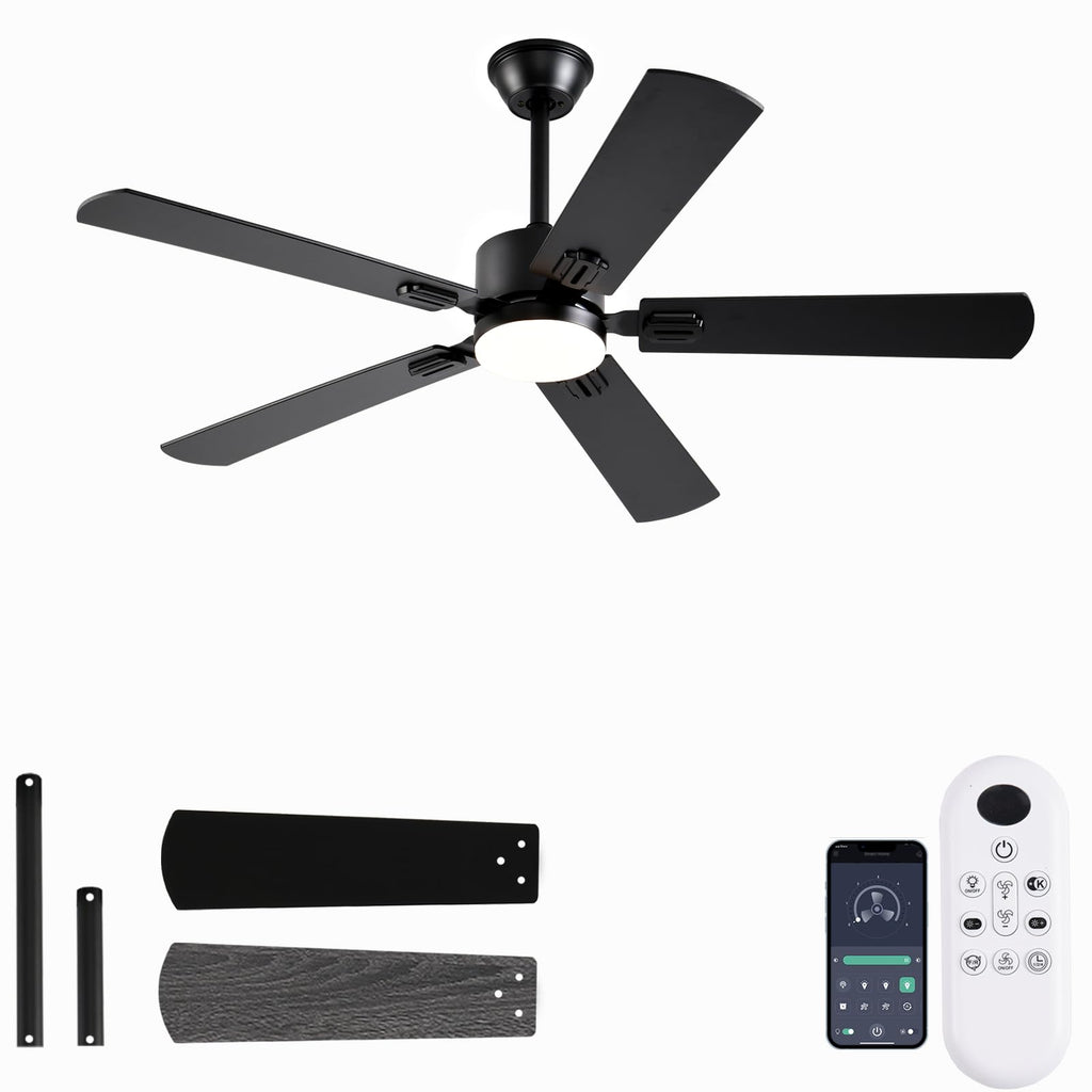 FUMLTP 52 inch Modern Ceiling Fans with Lights APP/Remote Control, Low Profile Reversible 6 Speeds Ceiling Fan Light for Indoor/Outdoor Patio Bedroom Living Room,Black