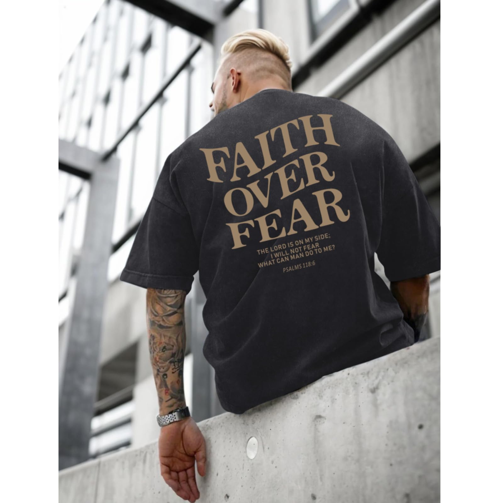Weetiotio Christian Faith Over Fear Shirt for Men Jesus Religious Shirts Oversized Graphic Tees Acid Wash God T-Shirt(Black,M)
