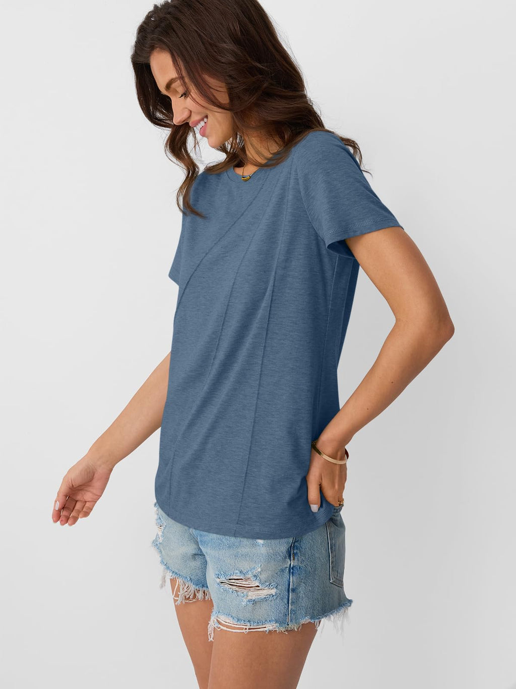 AUTOMET Womens Summer Tops Workout Shirts Beach Vacation Outfits Business Tshirts Dressy Fashion Spring Clothes 2025 Navy L