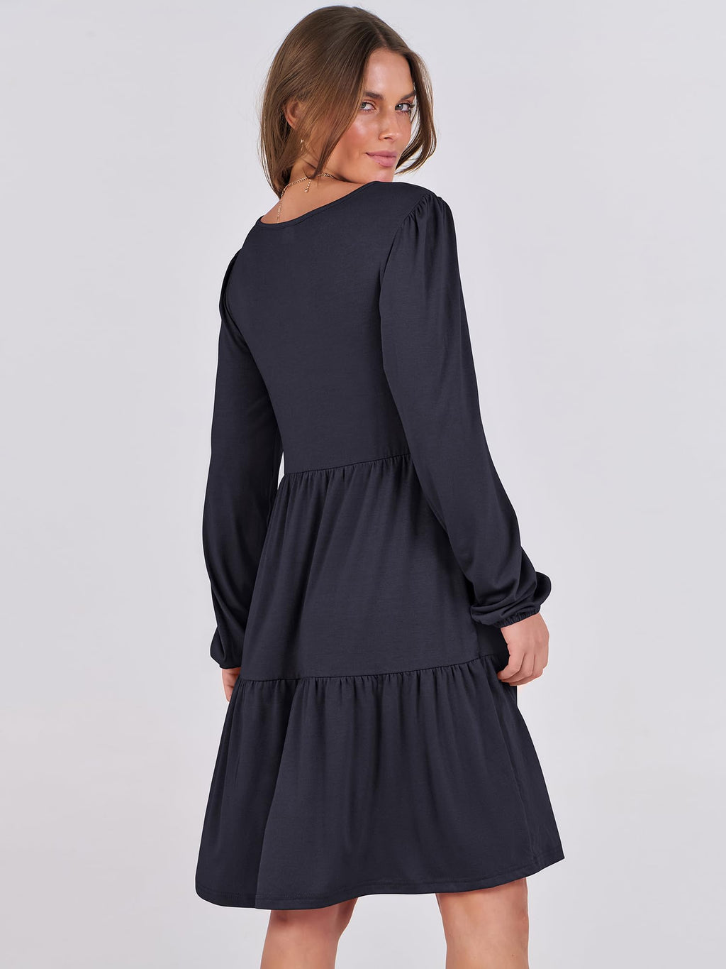 ANRABESS Womens Long Sleeve Dress 2025 Fall Casual V Neck Tiered Flowy Short Dresses Beach Travel Vacation Outfits Navy Blue Large