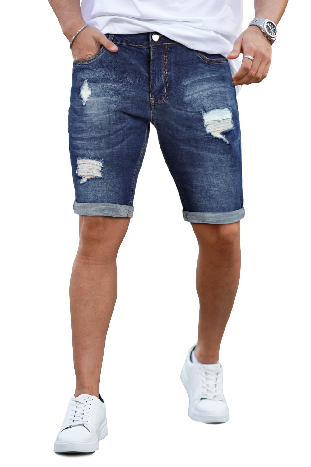 GINGTTO Mens Jean Shorts Ripped Denim Men Skinny Shorts Stretch Jeans Slim Fit Blue 32