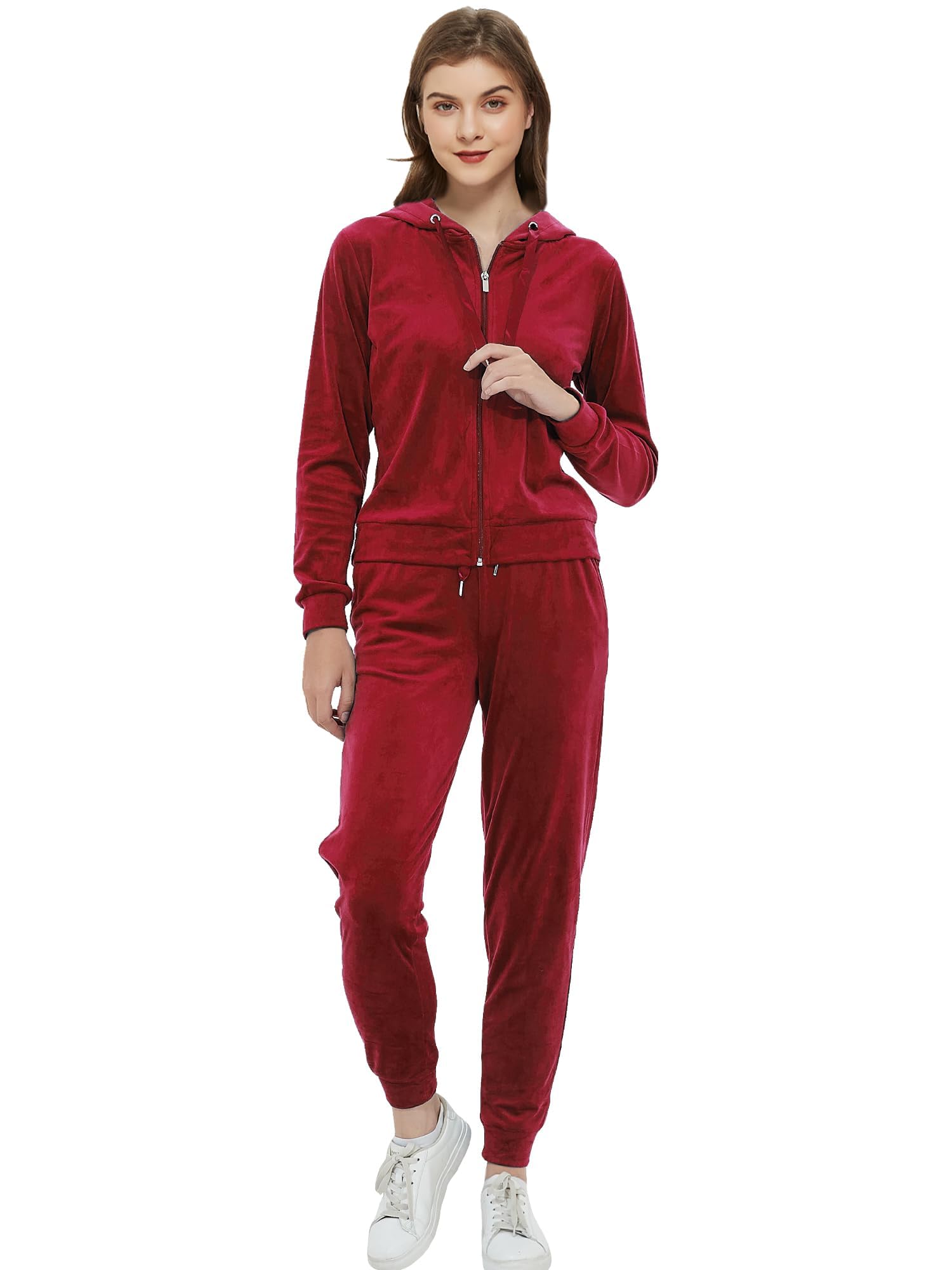 Woolicity Women's Sweatsuits Set 2 Piece Velour Full Zip Hoodie Tracksuits Sportswear with Pocket Red Wine M