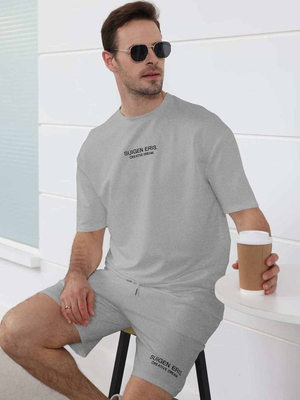 Ryehack Men's T Shirt and Shorts Set 2 Piece Outfits Fashion Summer Tracksuits Casual Letter Embroidery Short Sleeve Crew Neck T Shirt and Drawstring Track Shorts Sportswear Set Grey L