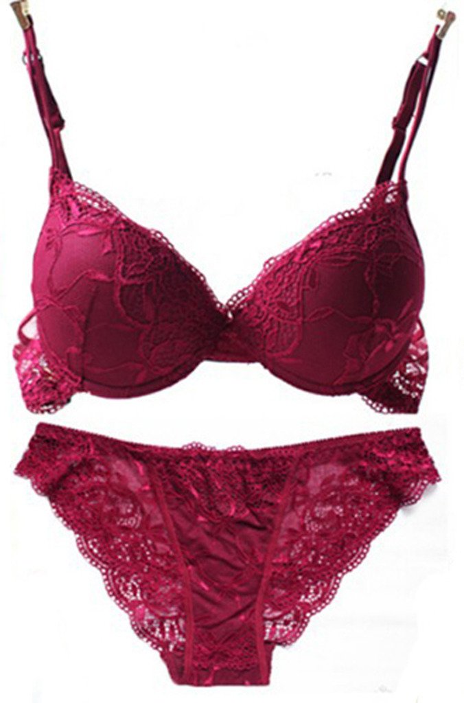Nanier Women's Solid Lace Push up Bra Set Dark Red 34B
