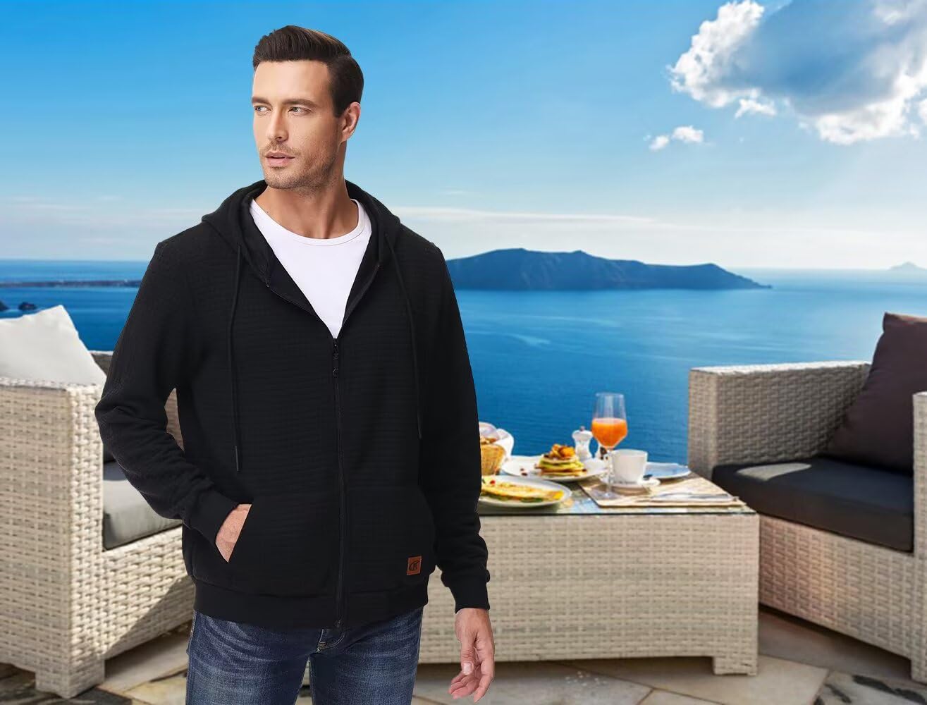 Men's Jacquard PlaidCloth Lightweight Zipper Hoodie Sweatshirt Jacket Black Large