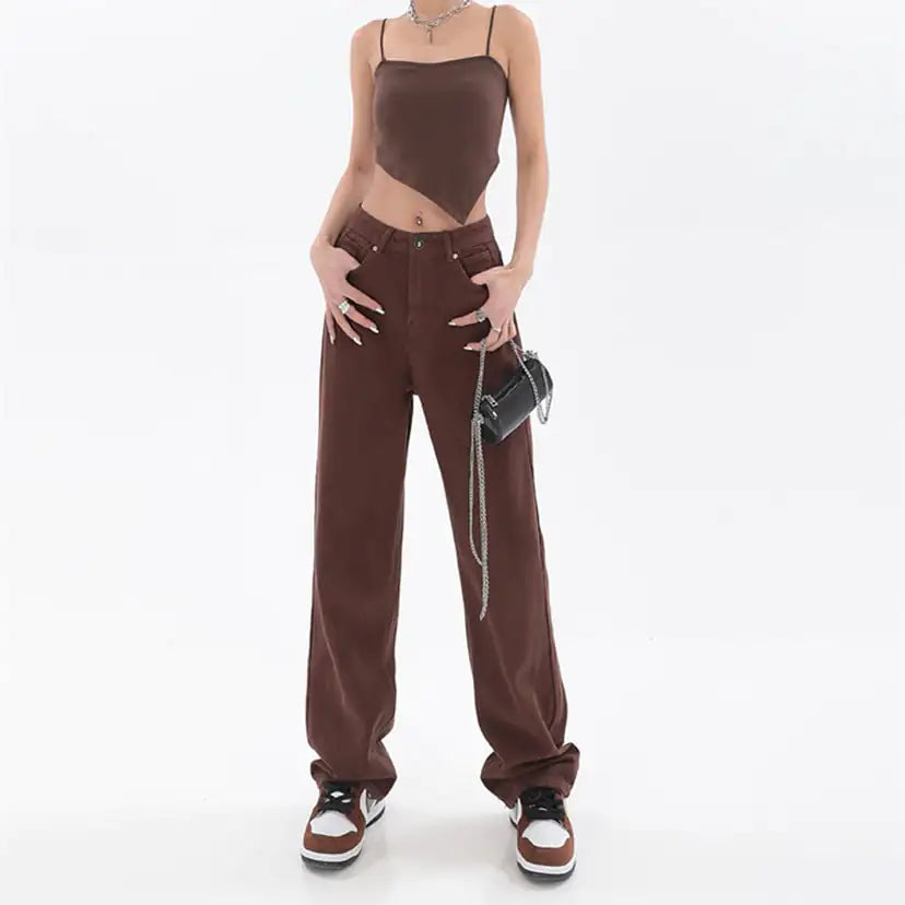 Coffee Color Straight High Street Trend Pants
