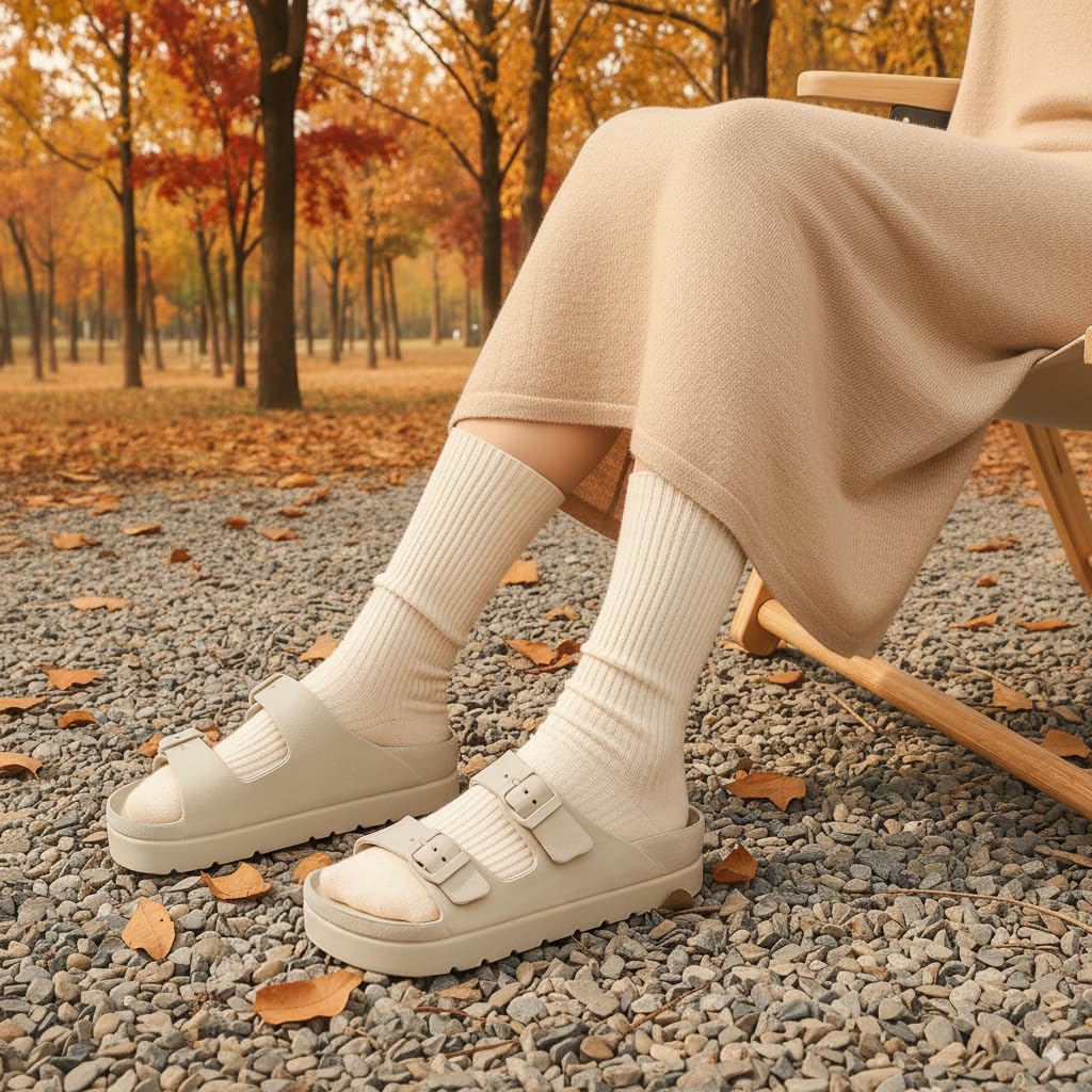 Goosecret Women's Platform Sandals with Arch Support Chunky Lightweight Foam Slip on Slides Comfortable Summer Beach Sandals with Adjustable Buckle Nude, 39(size 8-8.5)