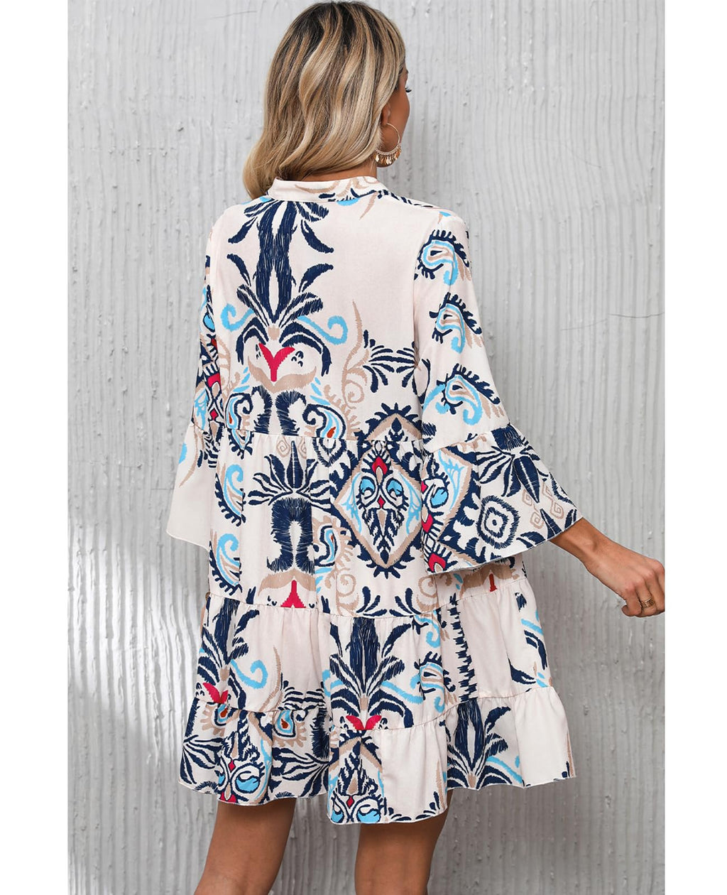 SELINK Womens Long Sleeve Dresses Casual V Neck Tribal Print Button Flowy Boho Mini Beach Dress Beige-M