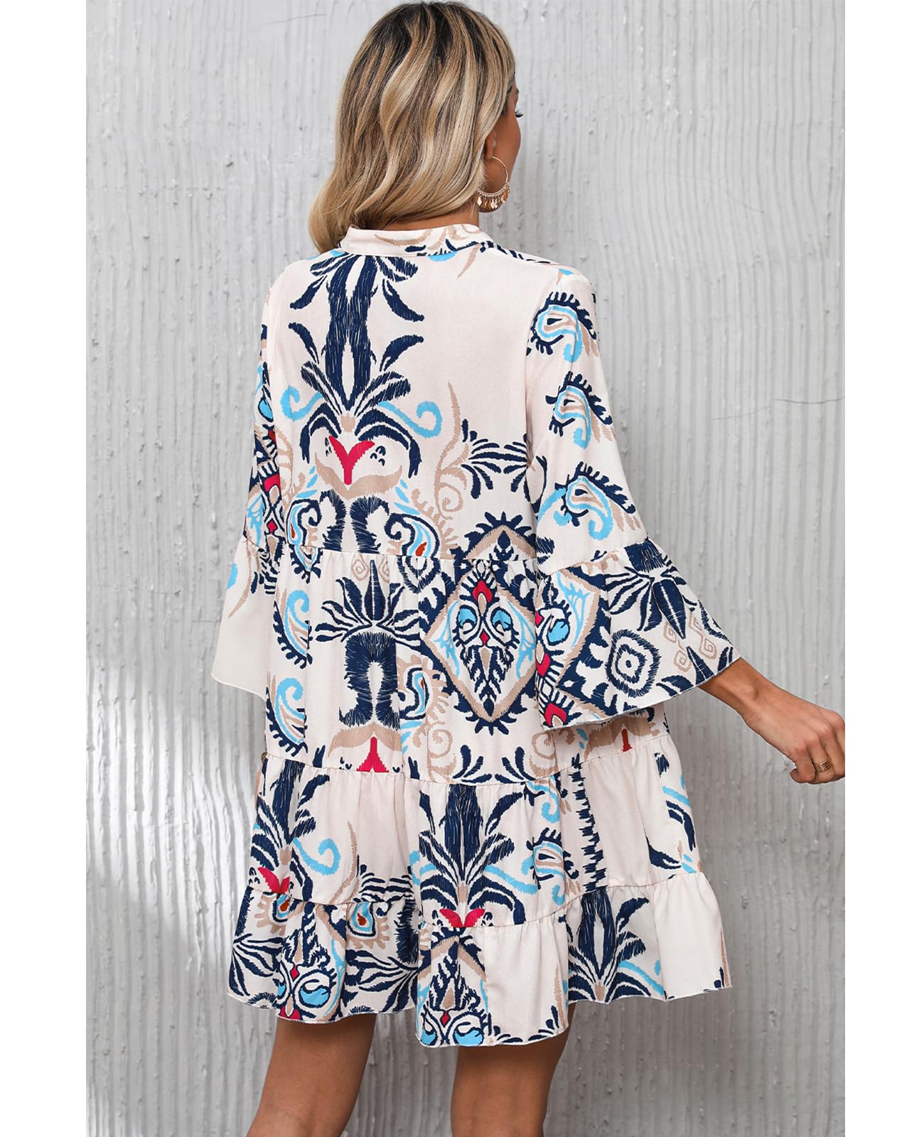 SELINK Womens Long Sleeve Dresses Casual V Neck Tribal Print Button Flowy Boho Mini Beach Dress Beige-M